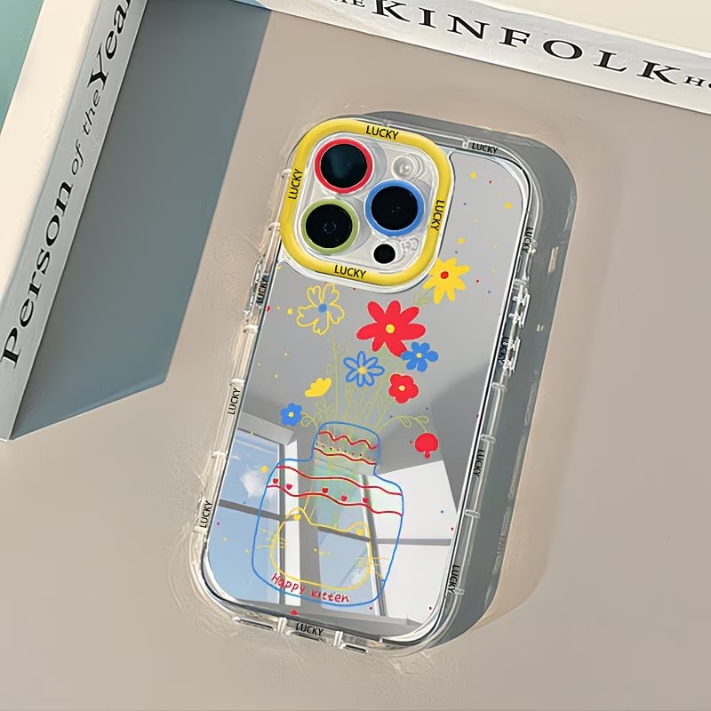Apple Iphone 16 - Sommerliche Gänseblümchen-Katzen-Vasen-Design Spiegel-Handyhülle für iPhone 17